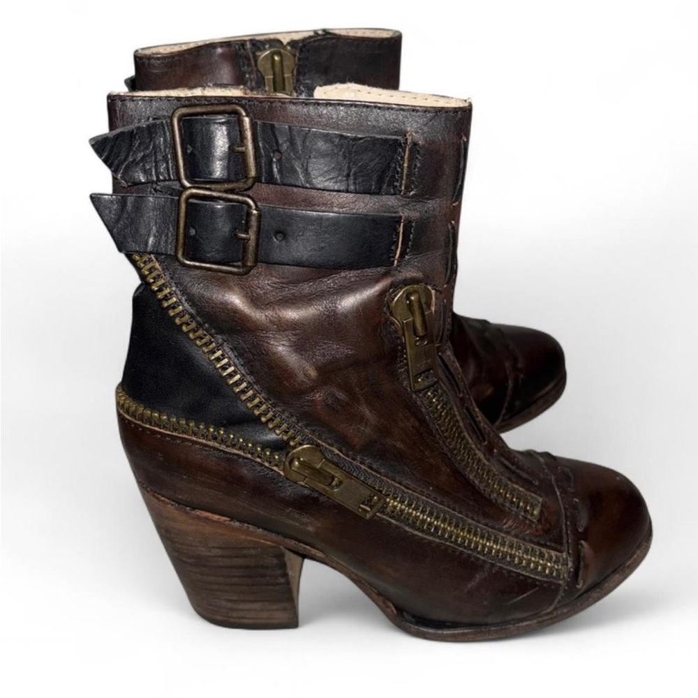 Freebird by Steven Dalton Leather Moto Boots Buckle Zip Distressed Size 6